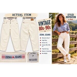 Zena Jeans Tapered Denim Women High Rise Button Fly White 7 Vintage 80s 90s